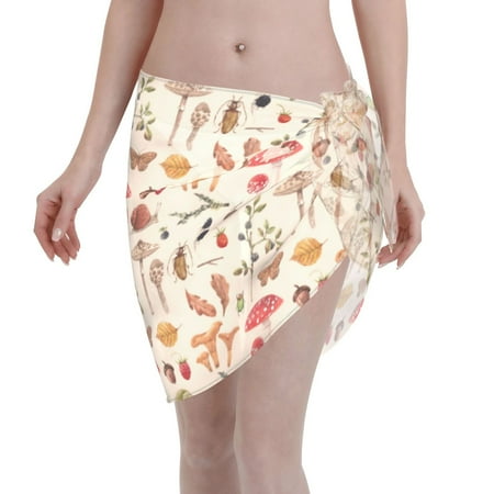 Adobk Women Beach Sarong Bathing Suit Retro Autum Mushrooms Print Wrap Skirt Sheer Bikini Swimsuit Cover Ups For Swimwear