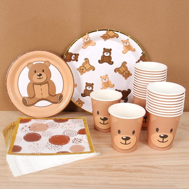 Set de artículos de fiesta con diseño de oso de peluche para 24 invitados, color marrón