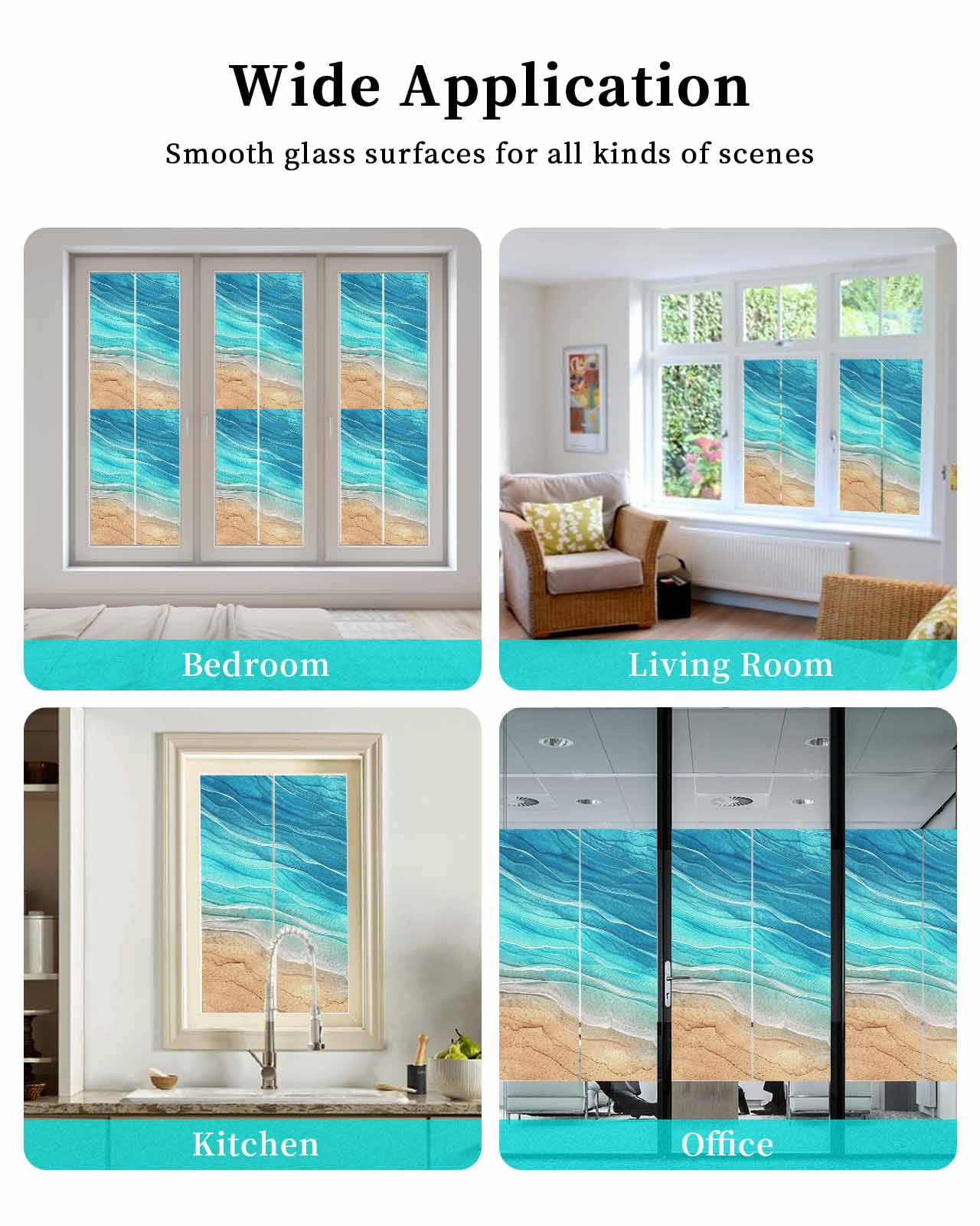 Window Privacy Film, Turquoise Ocean Ombre UV Sun Blocking Window Tint Film Heat Control One Way Blackout Window Film, Spring Summer Coastal Sea Wave Non Adhesive Static Cling Sticker 23.6x78.7 In