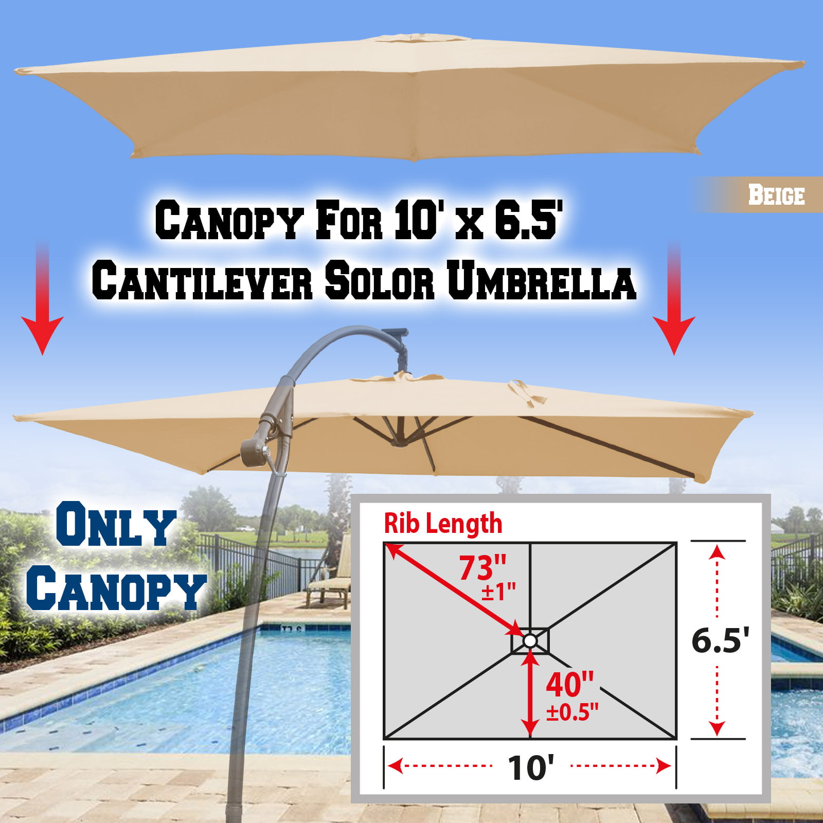 Canopy Cover for 10' X 6.5' Cantilever Patio Umbrella Offest Top replacement 