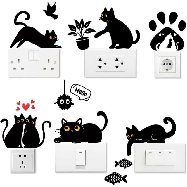 AHANDMAKER 6Pcs Black Cat Switch Stickers, Fun Cute Cat Creative Light Switch Plate Stickers for Light Switch, Wall Outlets, Socket, Ledge, Bedroom, Living Room, Laptop Computer, 7 x 7 Inches