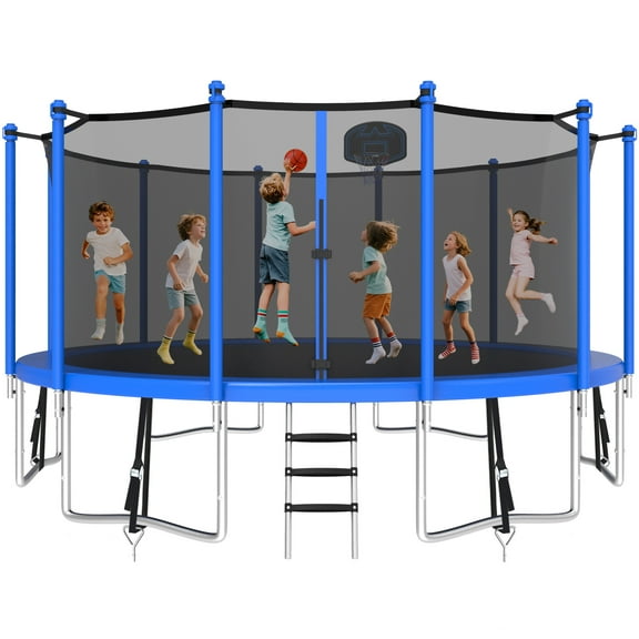 KOFUN 1500LBS 16FT Trampoline for Kids and Adults Outdoor Backyard Trampoline with Safety Enclosure Net, Basketball Hoop, 4 Anchor Kits, Ladder, A Ball, Blue