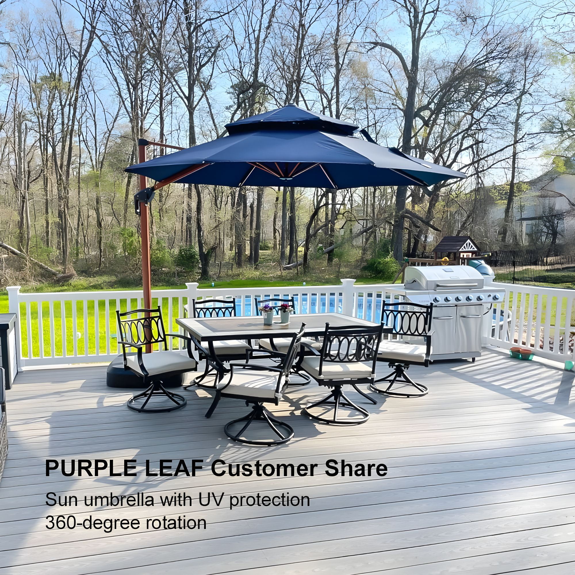 PURPLE LEAF 10FT Deluxe Round Wood Grain Patio Umbrella, Large Offset Cantilever Umbrella with 360° Rotation, Navy Blue