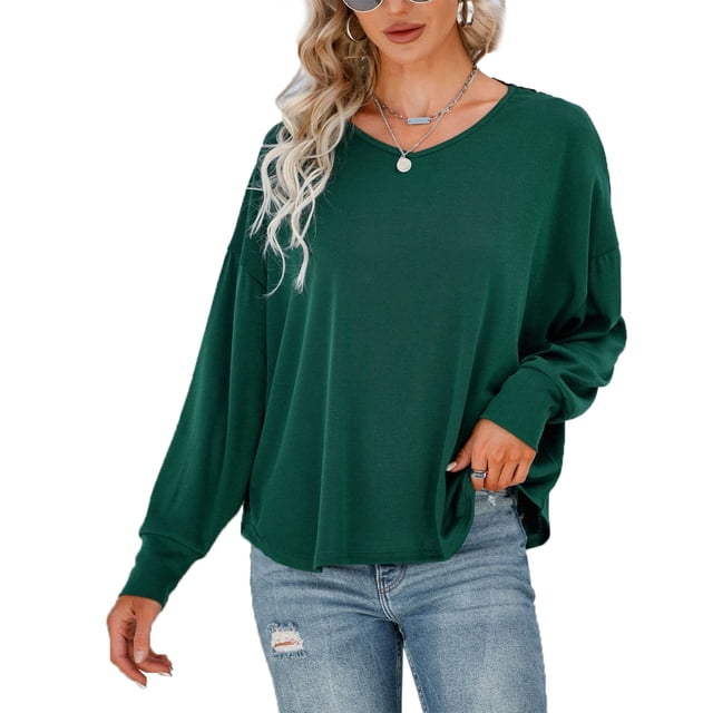 Jersey de manga larga para mujer, Top con cuello redondo, manga de murciélago, cuello en V, encaje, diseño sin espalda, Top para mujer, verde oscuro S