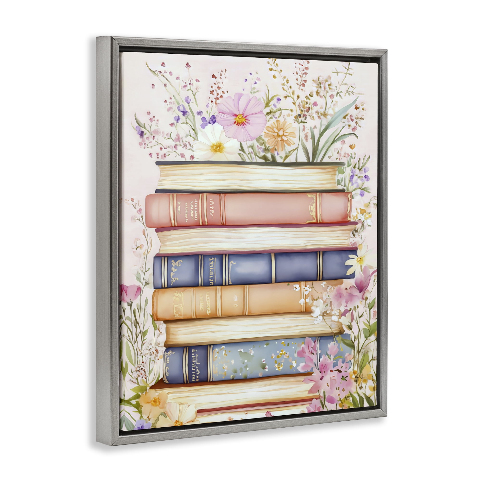 Stupell Industries Blooming Bookstack in Pastels Gray Framed Floater Canvas Wall Art, design by LSR Design Studio