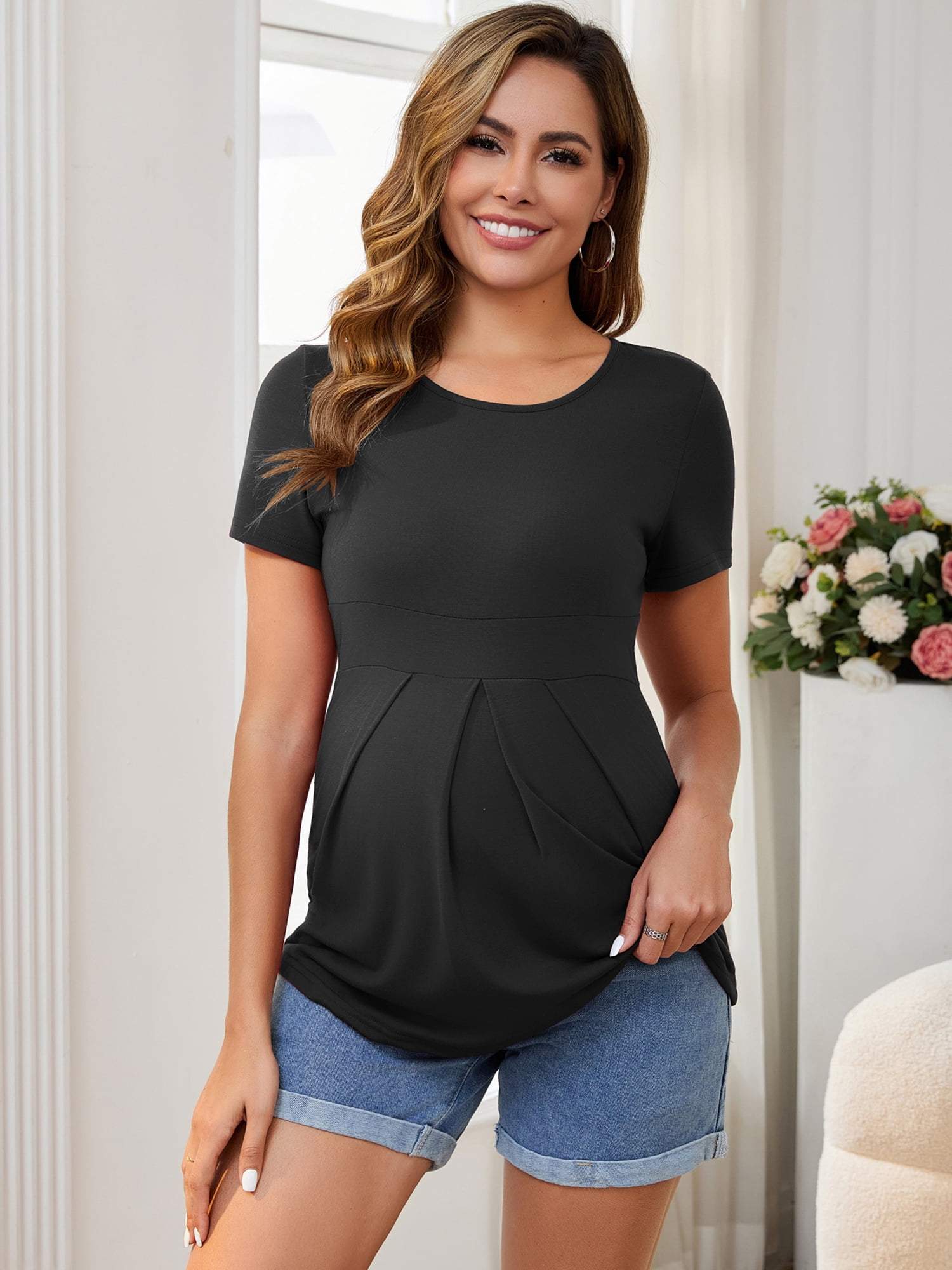 DARING DIVA Women's Short Sleeve Crew Neck Wrinkle Design Maternity Blouses XXL Black