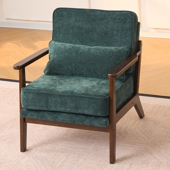 Newest 30" Mid-Century Modern Armchair,Green Fabric with Lumbar Pillow & Solid Wood Armrests for Living Room & Office