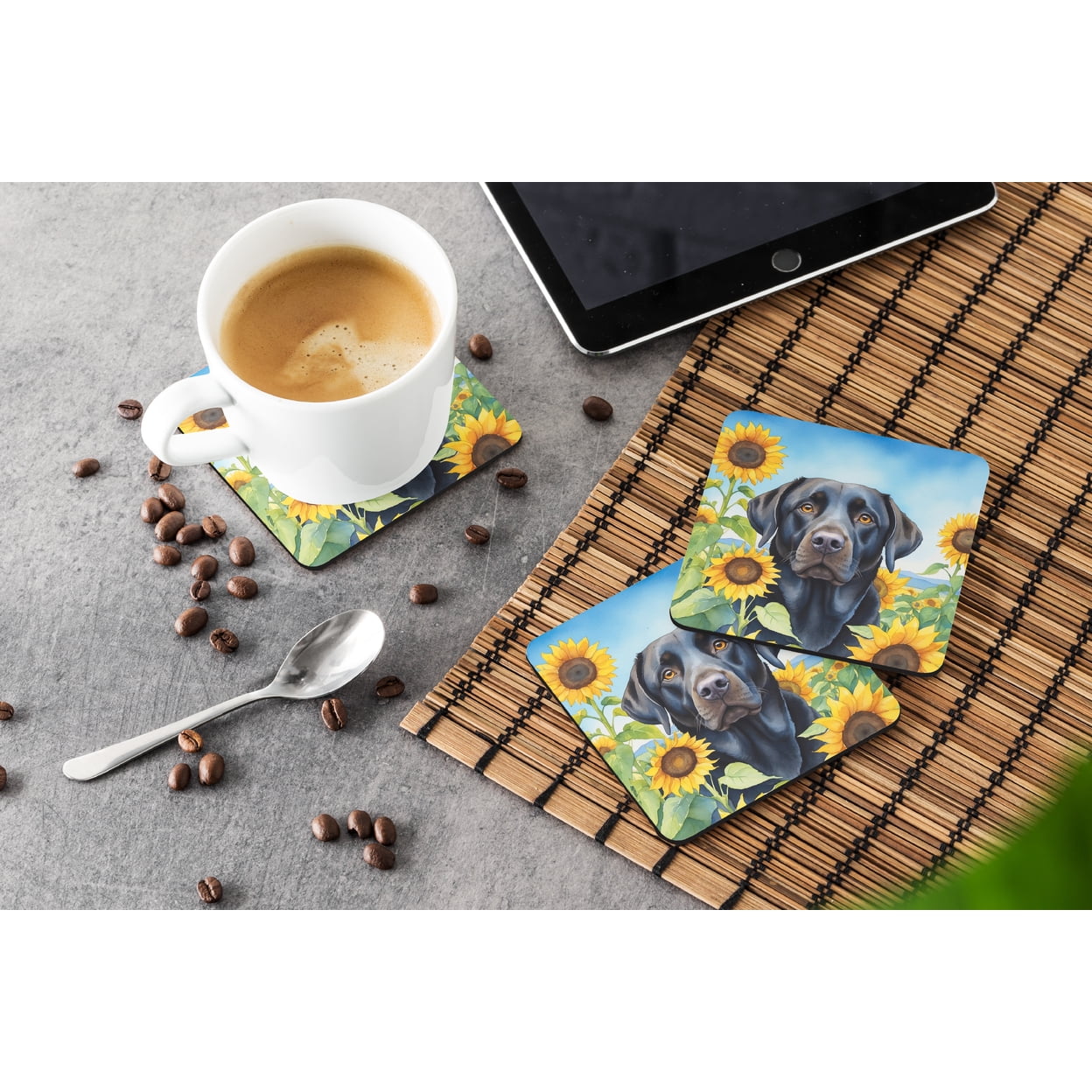 Labrador Retriever in Sunflowers Foam Coasters 3.5 in x 3.5 in