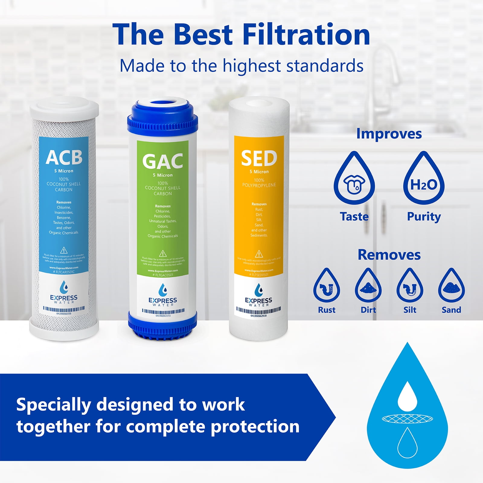 Express Water – 6 Month Reverse Osmosis and Under Sink System Replacement Filter Set – 3 Filters with Carbon (GAC, ACB) and Sediment (SED) – 10 inch Size Water Filters