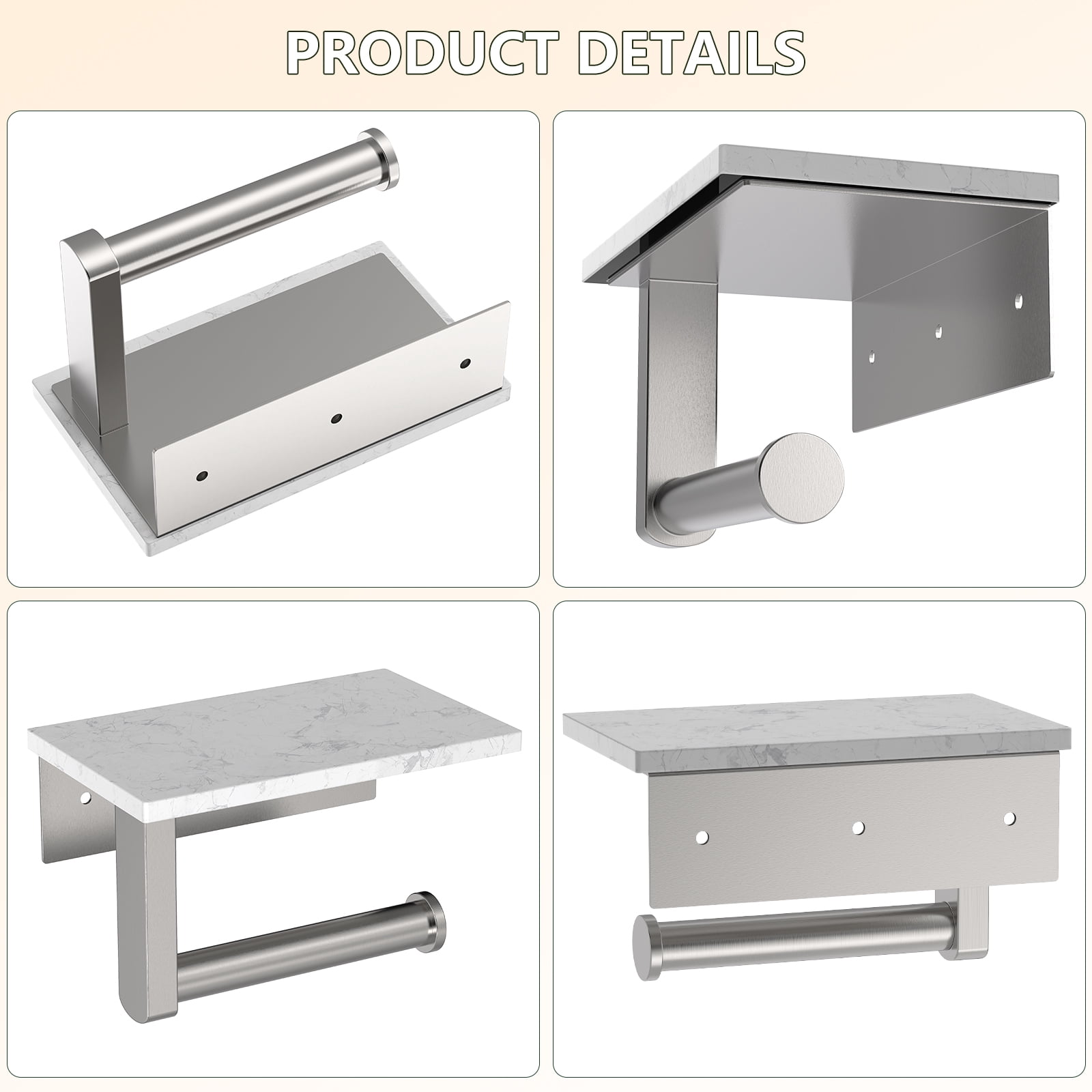 Wall Mount Toilet Paper Holder with Marble Shelf, Brushed Nickel