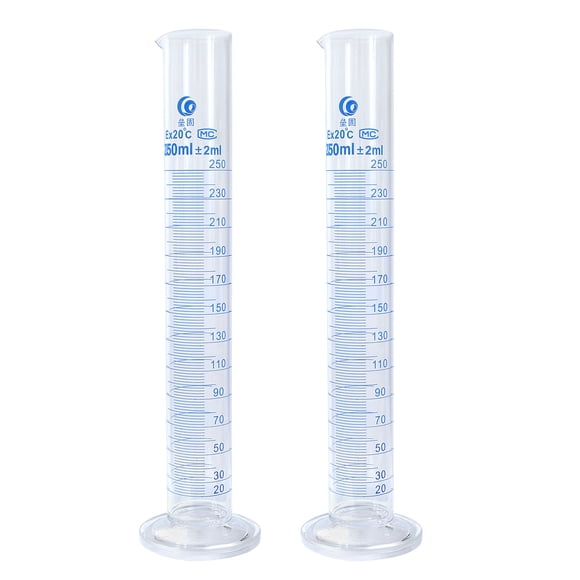 Unique Bargains 250ml 3.3 Borosilicate Glass Graduated Cylinder, 2Pcs Round Base Blue Graduations Measuring Cylinder