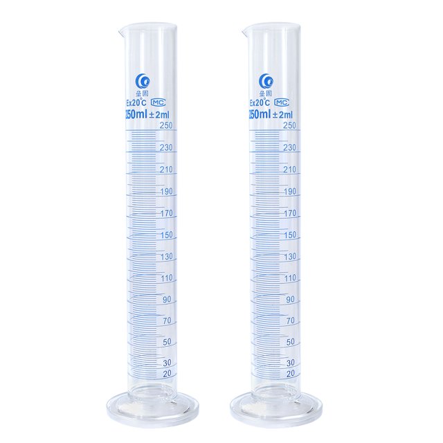 Unique Bargains 250ml 3.3 Borosilicate Glass Graduated Cylinder, 2Pcs Round Base Blue Graduations Measuring Cylinder