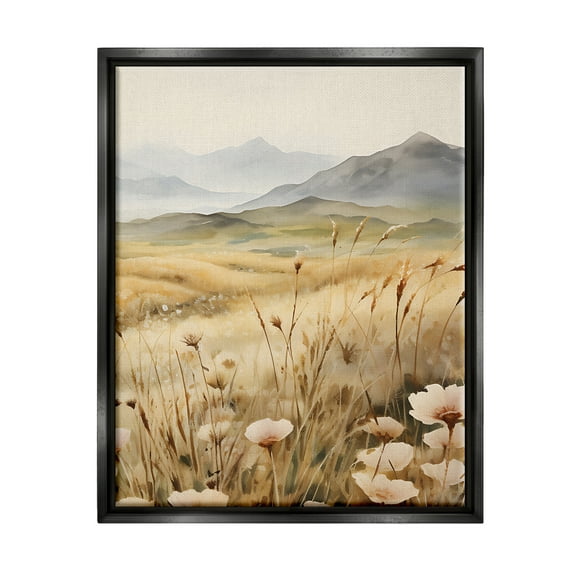 Stupell Industries Mountain View Meadow Landscape Painting Black Floater Framed Canvas Art Print Wall Art, 17 x 21