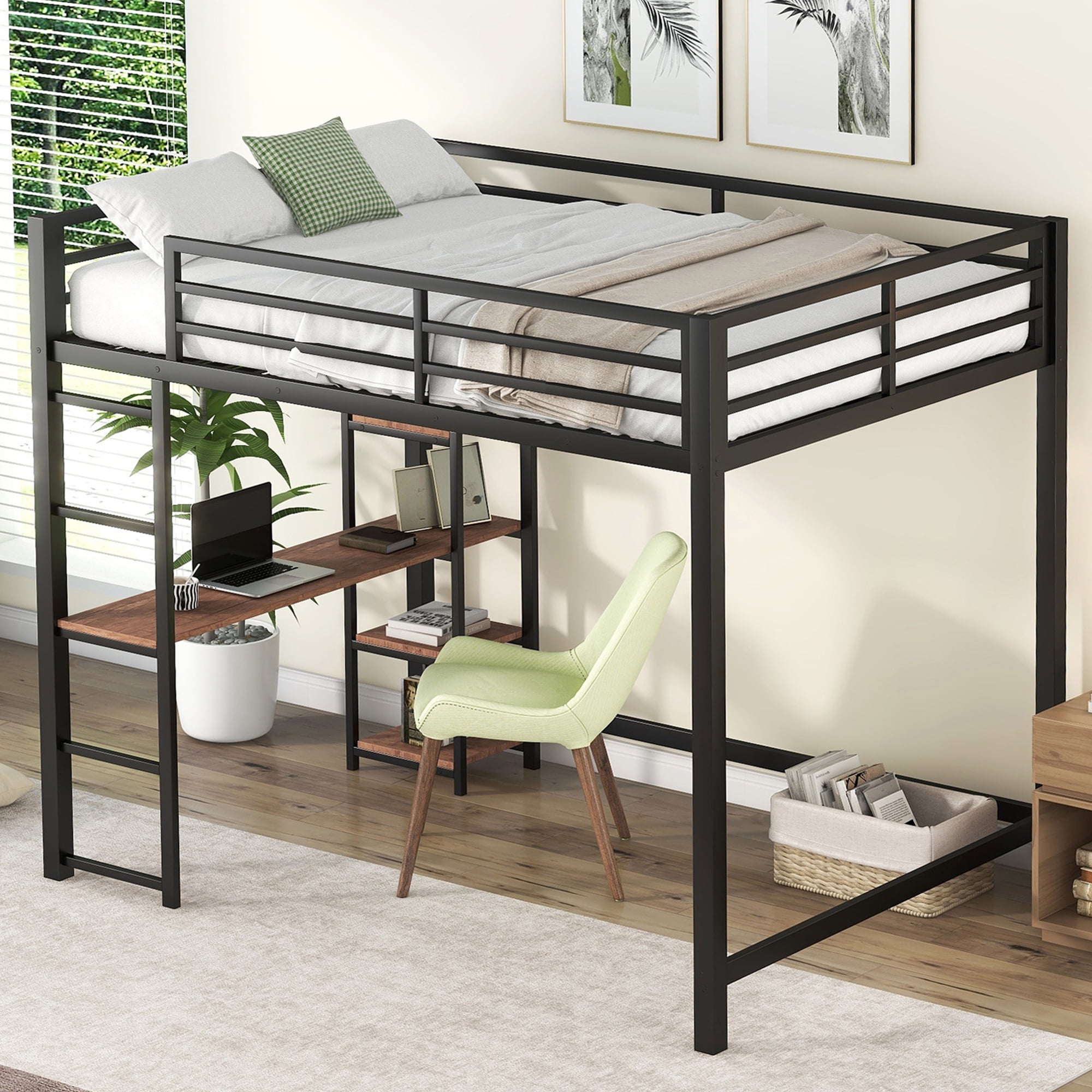 SYNGAR Full Size Loft Bed with Desk and Shelves for Kids Teens Adult, New Upgraded Metal Loft