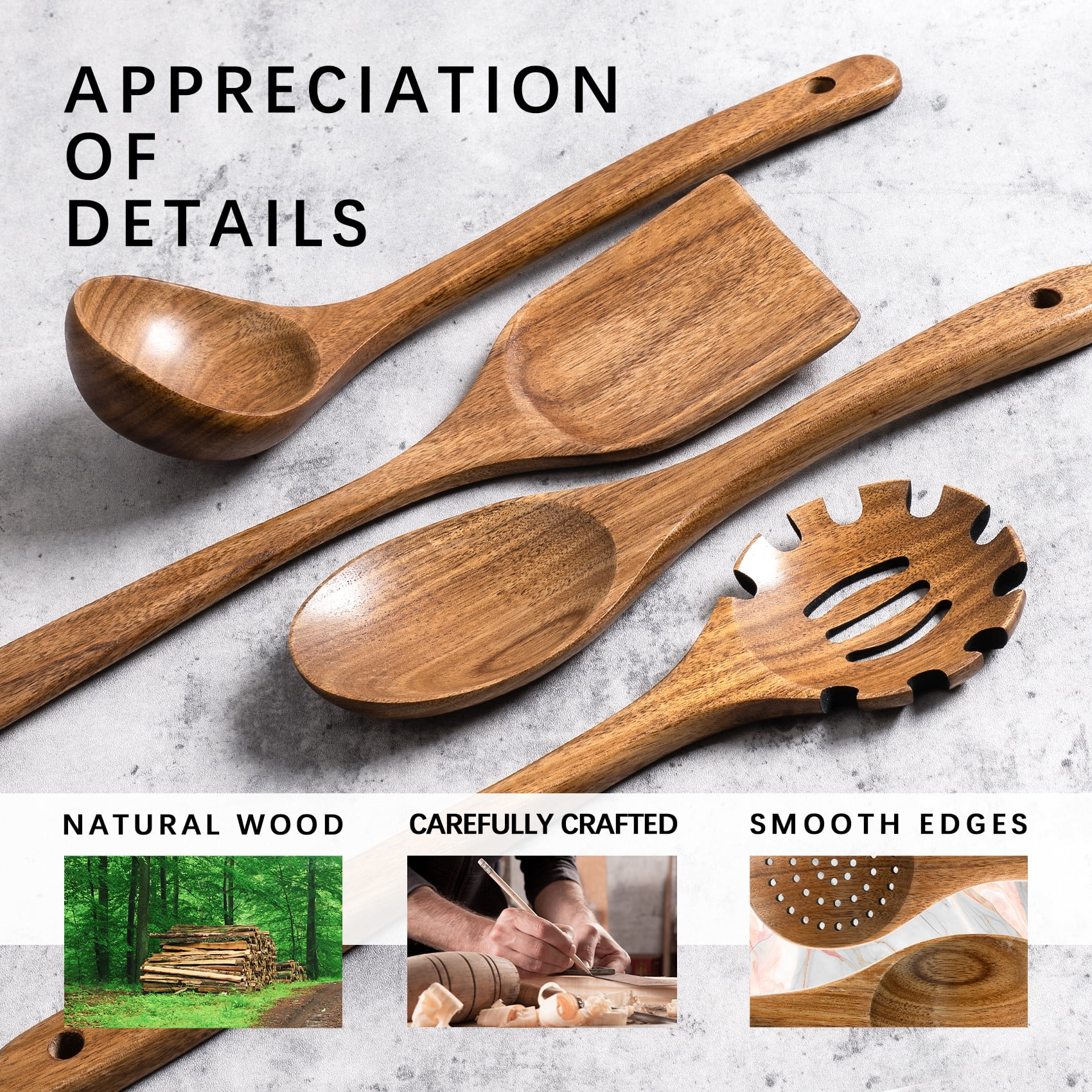Hefild 10Piece Acacia Wooden Nonstick Kitchen Set , Wooden Spoons and Spatulas  for Cooking.