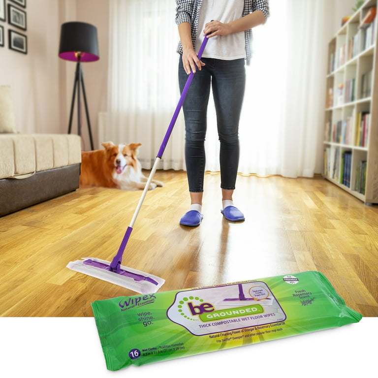 Wipex Wet Floor Wipes - Natural Wet Mop Pads Fit Swiffer Sweeper Mop - Rosemary Essential Oil & Vinegar & Plant-Based Textured Cloth Trap Absorb