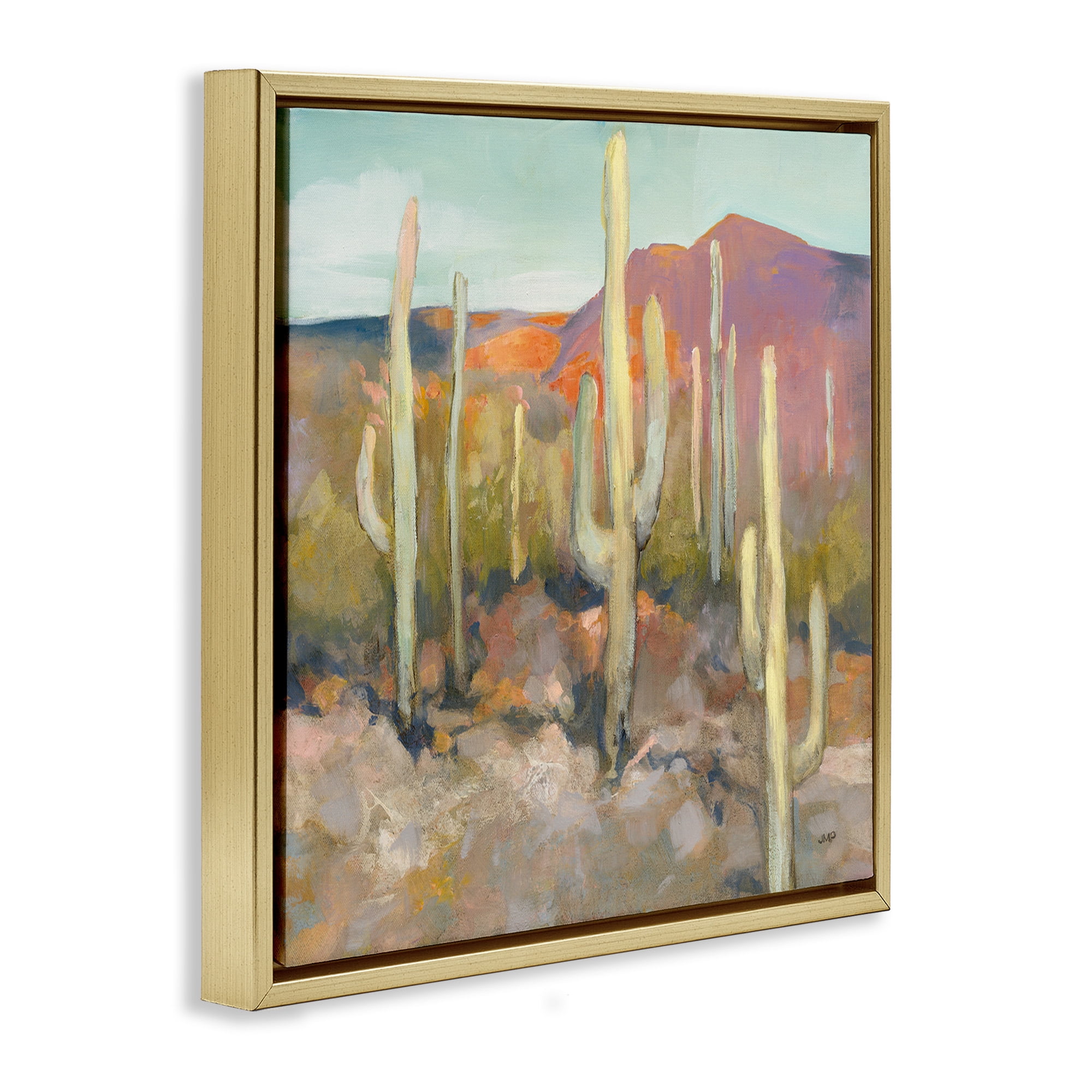 Stupell Industries Soft Cactus Desert Landscape Landscape Painting Gold Floater Framed Canvas Art Print Wall Art, 18 x 18