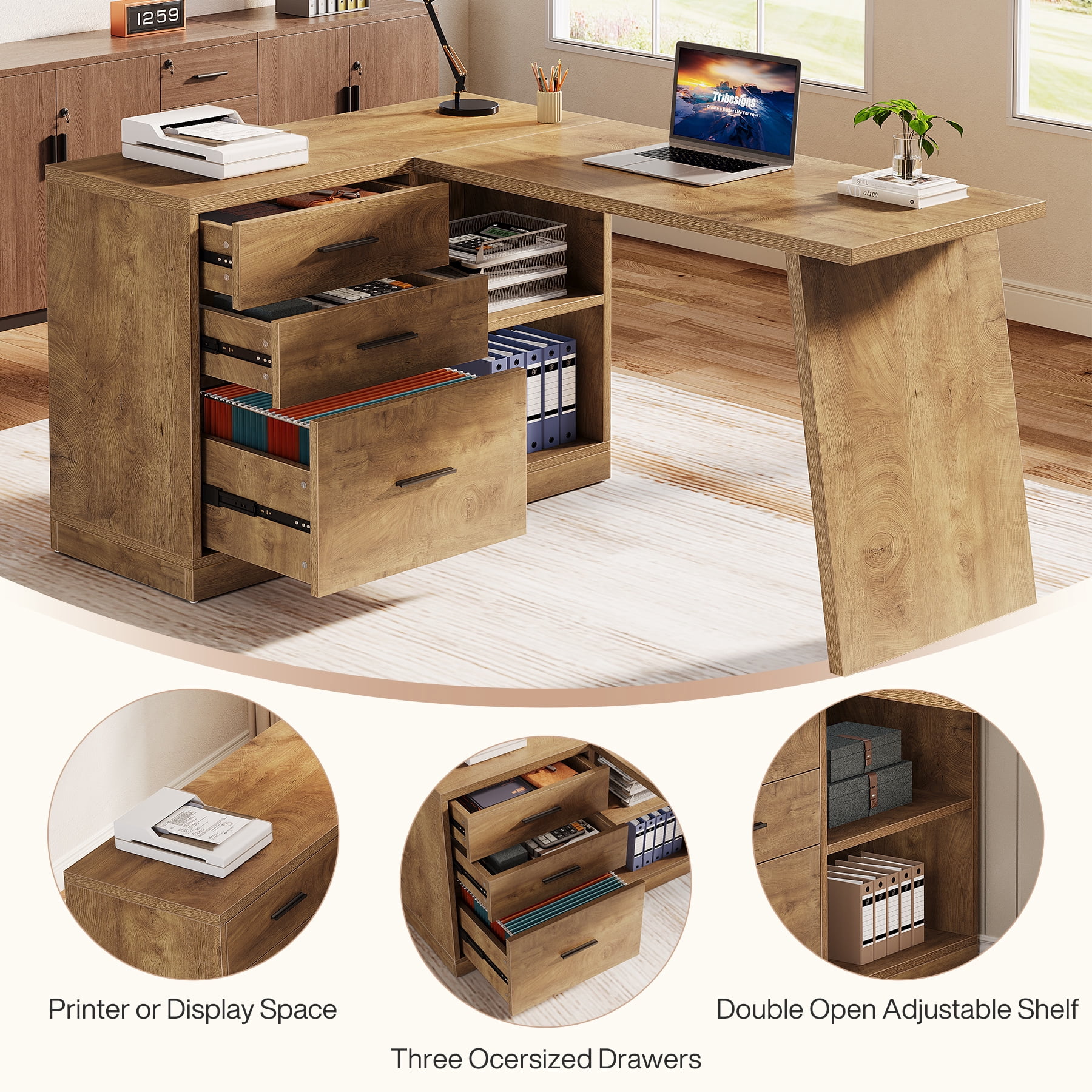 Tribesigns L Shaped Computer Desk with File Cabinet, Home Office Desk with Storage Shelves and 3 Drawers, Farmhouse Executive Workstation, Brown