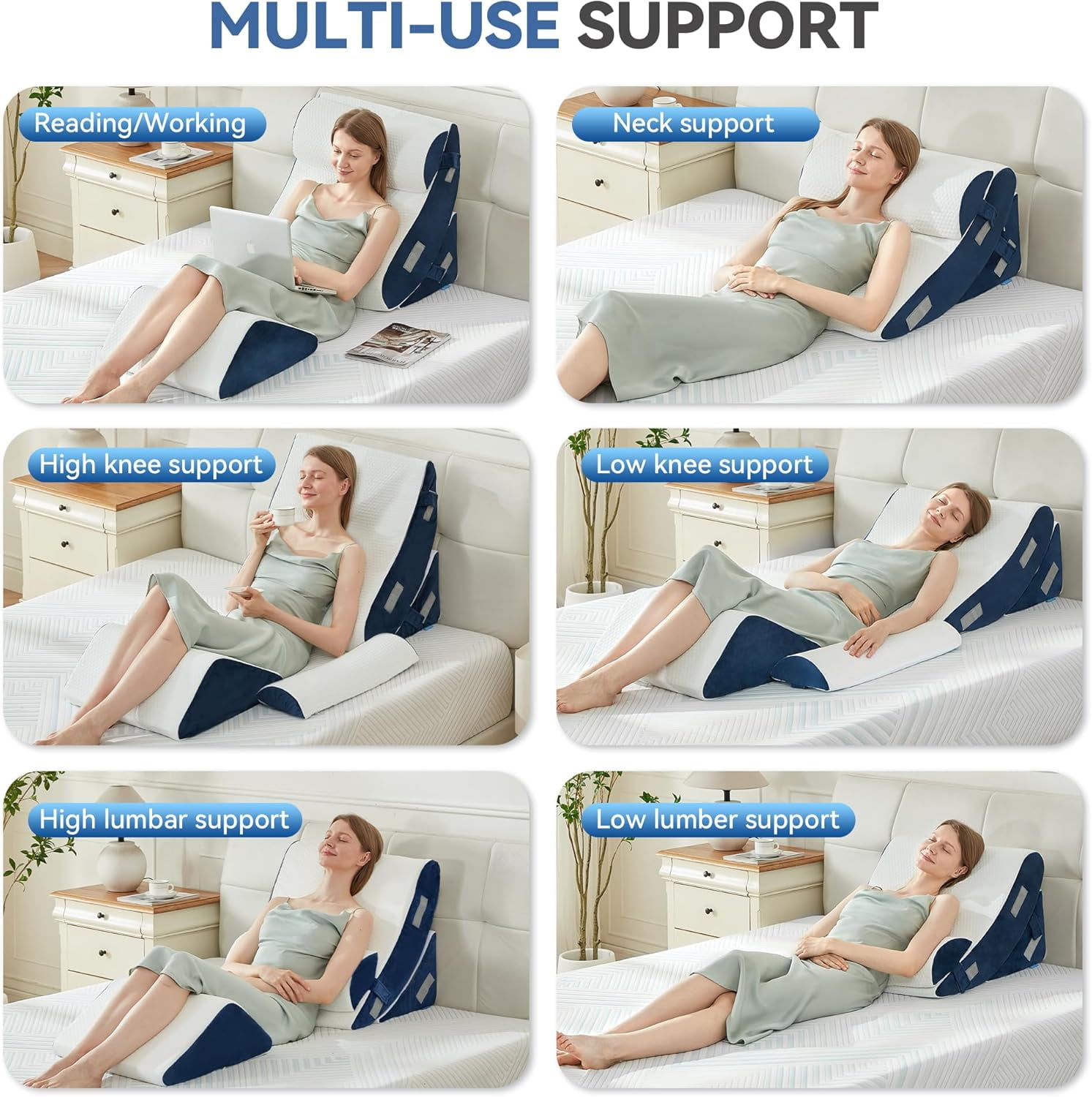 4PCS Bed Wedge Pillow Post Surgery, Orthopedic Sleeping Wedge Pillow Set for Back, Neck and Leg Pain Relief, Acid Reflux, GERD, Memory Foam Support Pillows for After Surgery, Navy