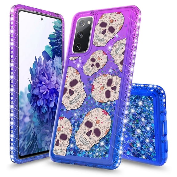 Bemz Liquid Quicksand Case for Samsung Galaxy S20 FE (with Touch Tool) - Sugar Skulls (Purple/Blue)
