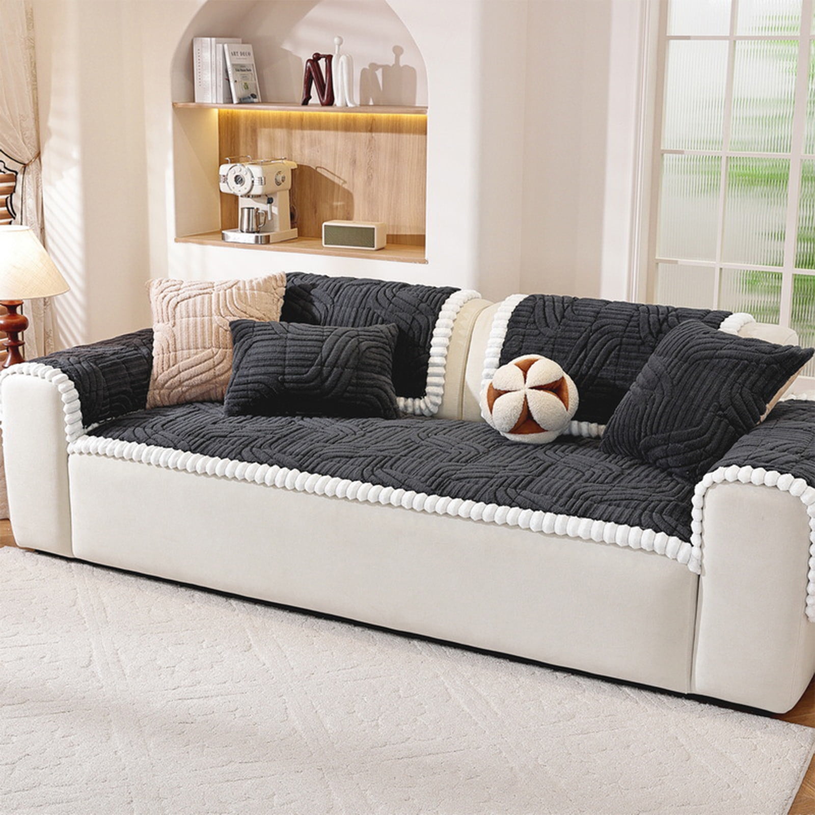 Soft Flannel Sofa Cushion One-Piece Thickened Plush Seat Pad for Couch Loveseat Recliner Warm Winter Cover Non-Slip Bottom Machine Washable Home Decor