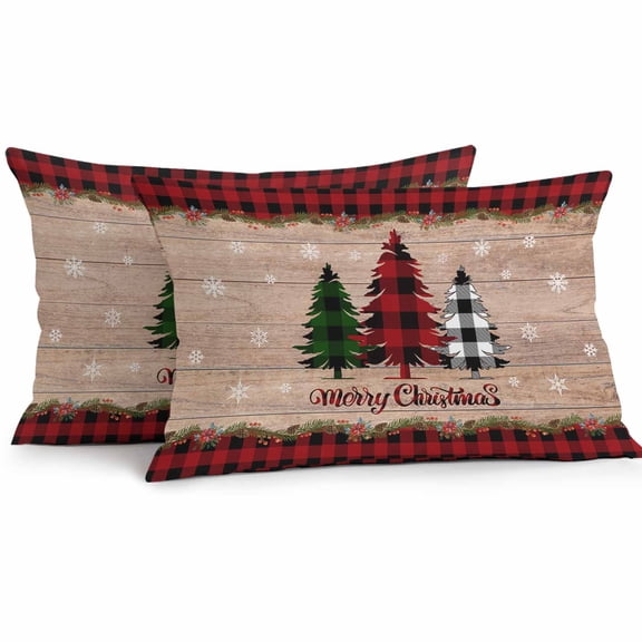 Outdoor Throw Pillows Covers 12X20 Set of 2 Waterproof Merry Christmas Decorative Zippered Cushion Cover for Patio Furniture, Farmhouse Buffalo Plaid Christmas Tree Lumbar Pillowcases Red Black Green