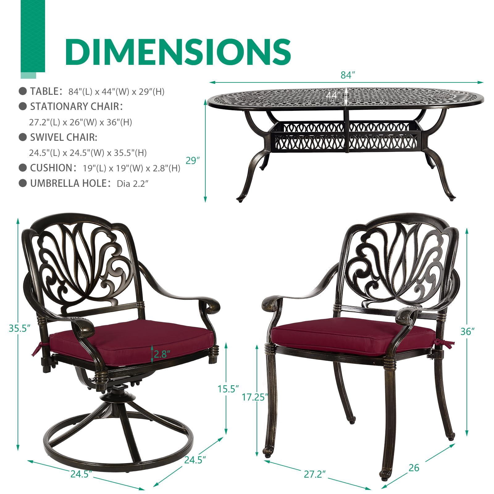 VIVIJASON 9-Piece Outdoor Furniture Dining Set, All-Weather Cast Aluminum Patio Conversation Set, Include 6 Stationary Chairs, 2 Swivel Dining Chairs and an Oval Table with Umbrella Hole, Red Cushion