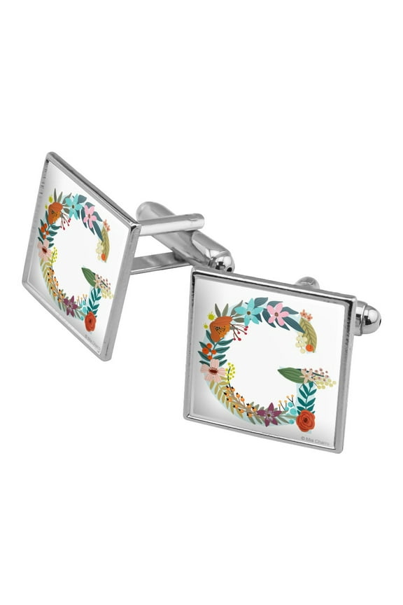 Letter G Floral Monogram Initial Square Cufflink Set - Silver or Gold