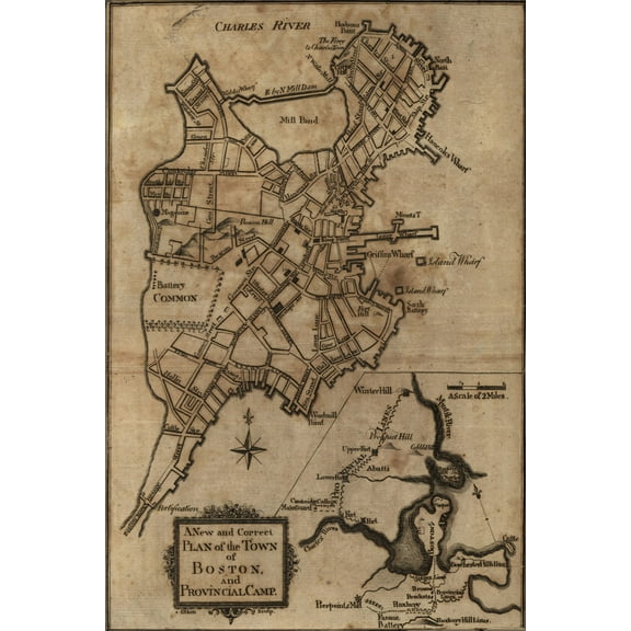 24"x36" Gallery Poster, map of Boston, and provincial camp 1775