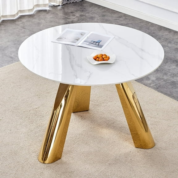 JUFU 42" Round Dining Table for 4, Faux Marble Top with Stainless Steel Legs, Modern Kitchen Table