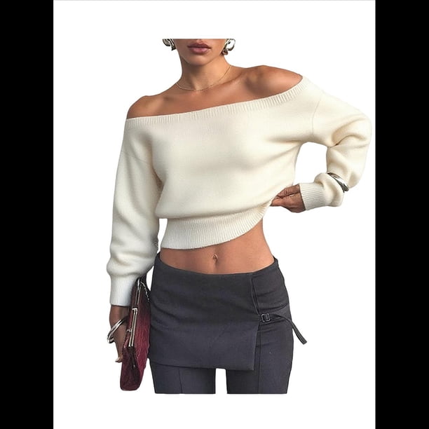 Suéter de Larga con Hombros Descubiertos para Mujer, Moderno Jersey Corto de Punto Acanalado Suave con Cuello . Albaricoque M