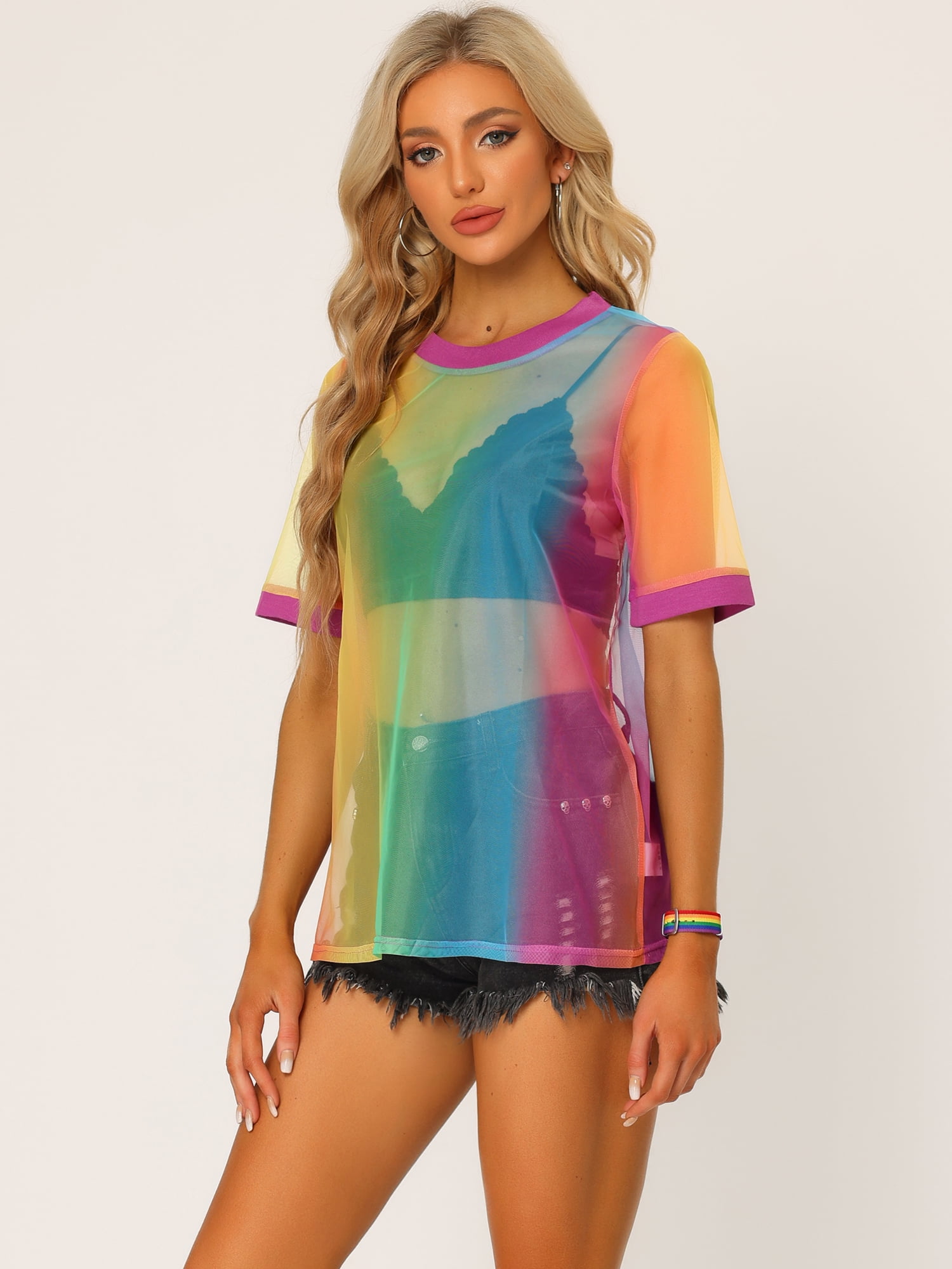 DARING DIVA Women's Sheer Mesh Top Contrast Short Sleeve T-Shirt XL Pink Rainbow