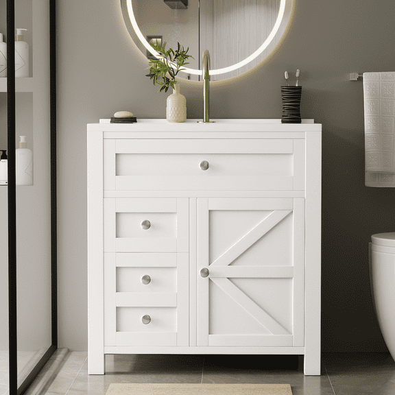 Homall 30'' Bathroom Vanity with Undermount Resin Sink, Freestanding Bathroom Vanity with Resin Top, Wood Bathroom Cabinet with Drawers & Shelves, White