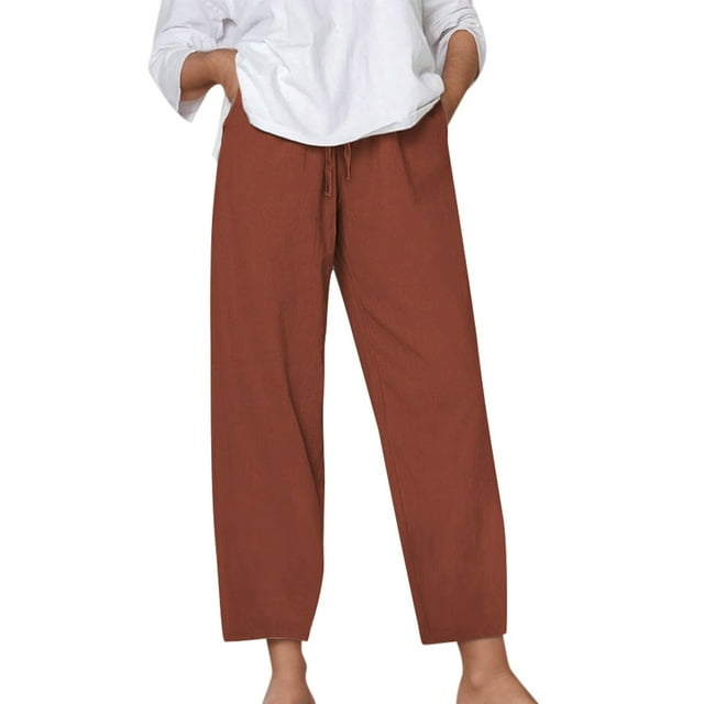 Women's Solid Color Loose Comfort And Linen Drawstring Elastic Waist Pocket Straight Leg Trousers Casual Pants Womens Pants Casual Work Pattern Womens plus Sweatpants Women Line Pants Harem Pants