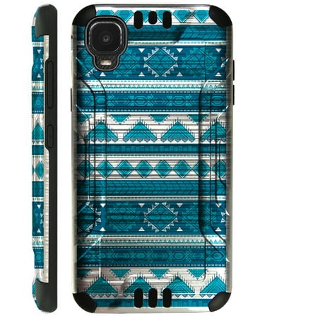 Compatible with TCL A3 Brushed Metal Texture Hybrid Silver Guard Phone Case Cover (Teal Tribal)