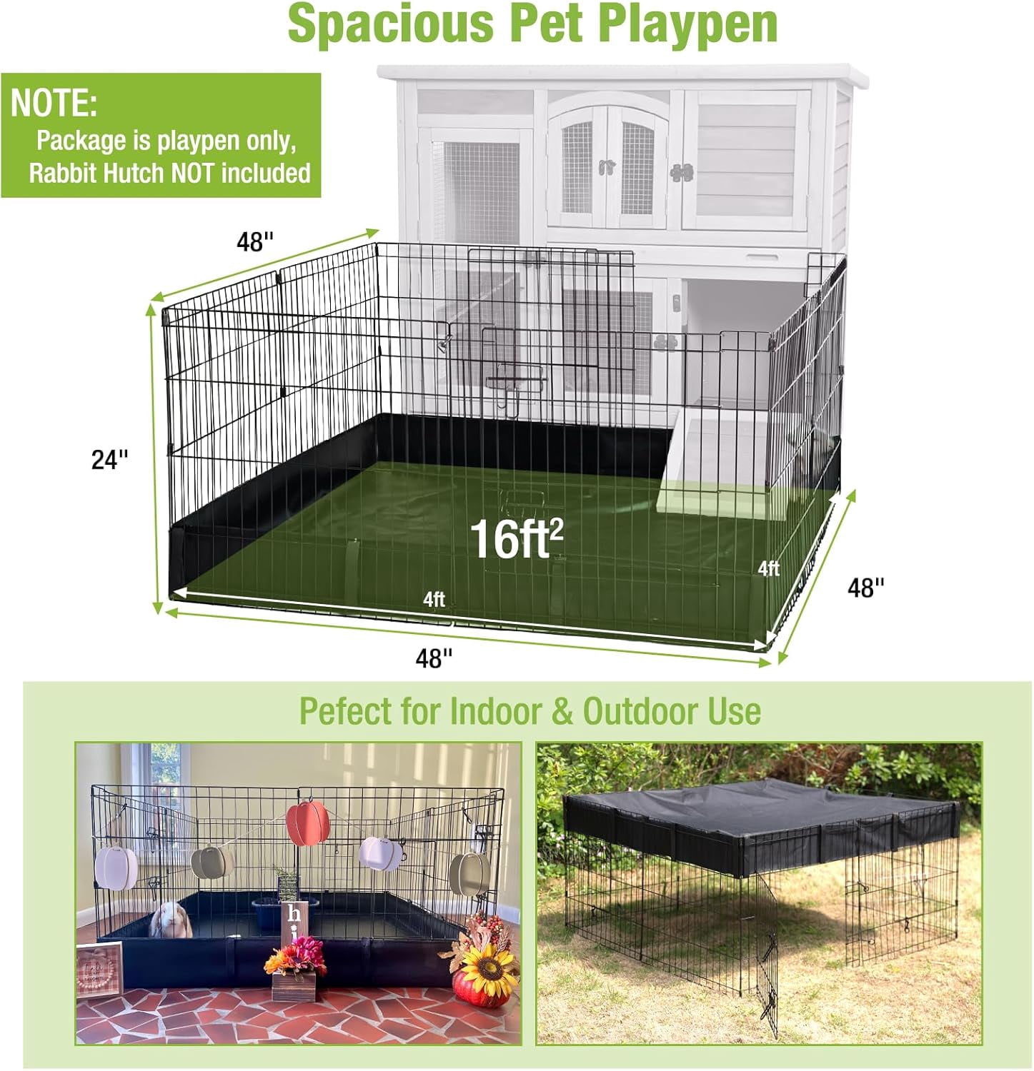 BUTINGLALE Pet Playpen for Small Animal, Rabbit Cage with Waterproof Liner for Indoor & Outdoor Use (Playpen Only)