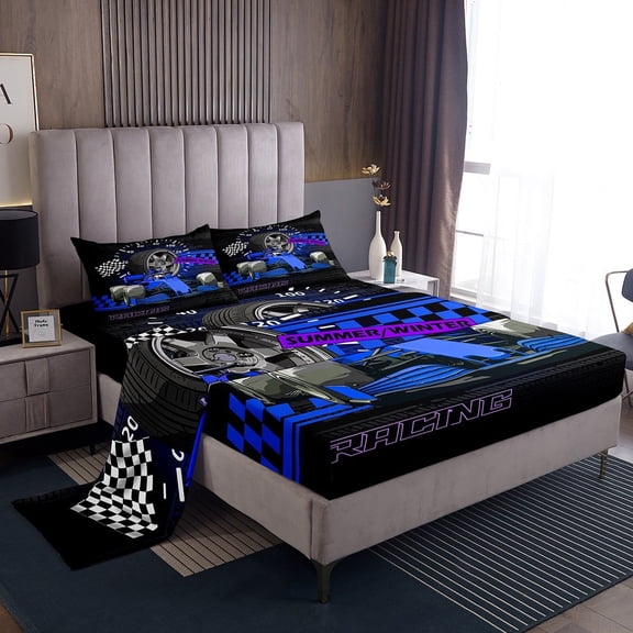 Erosebridal Fast Car Sheet Set Twin,Black Blue Bedding Sets Twin Size,Car Theme Twin Sheet Sets,Microfiber Geometric Room Decorative,3pcs