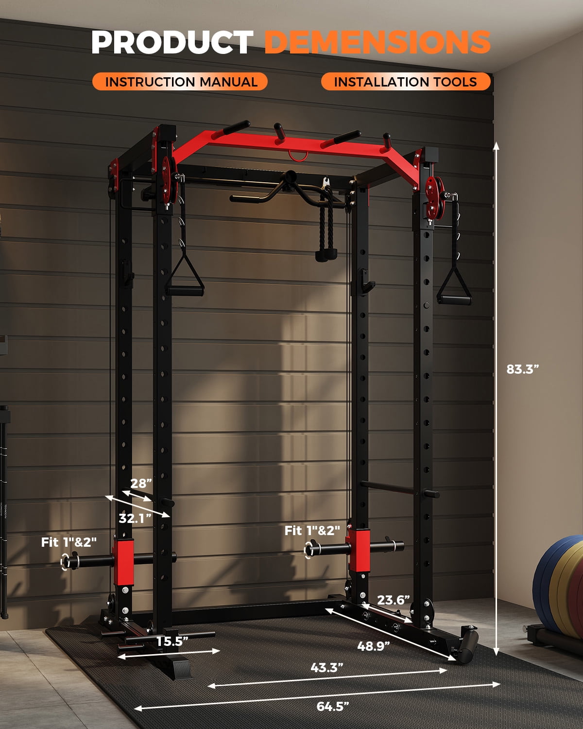 GARVEE Multi-Functional Squat Rack with LAT Pulldown System Exercise Power Cages,2000lb Capacity,Black&Red