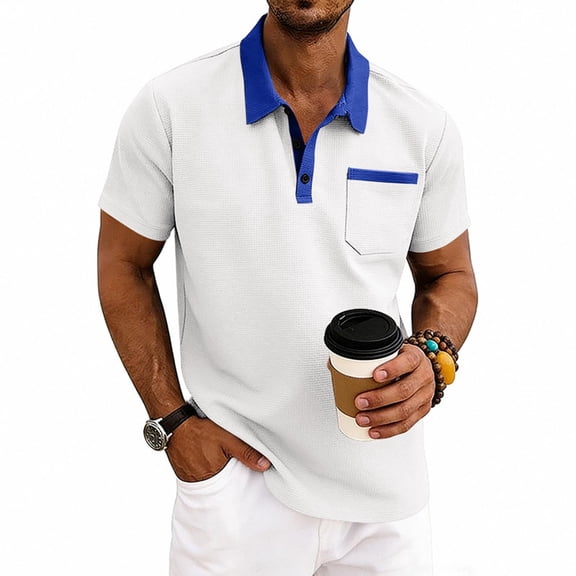 Men's Top Solid Color Casual Waffle Knit Short Sleeved Half Zipper Stand Collar Shirt White M