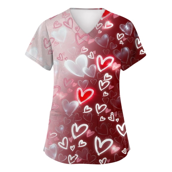 KDDYLITQ Womens Valentine Scrubs Top Short Sleeve V Neck Shirts Floral Print Nursing Uniform Plus Size Comfy Tshirts with Pockets Wine M