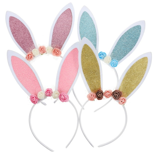 4Pcs Floral Bunny Ears Headband Rabbit Ear Hairband Girl Headband Easter Party Supply