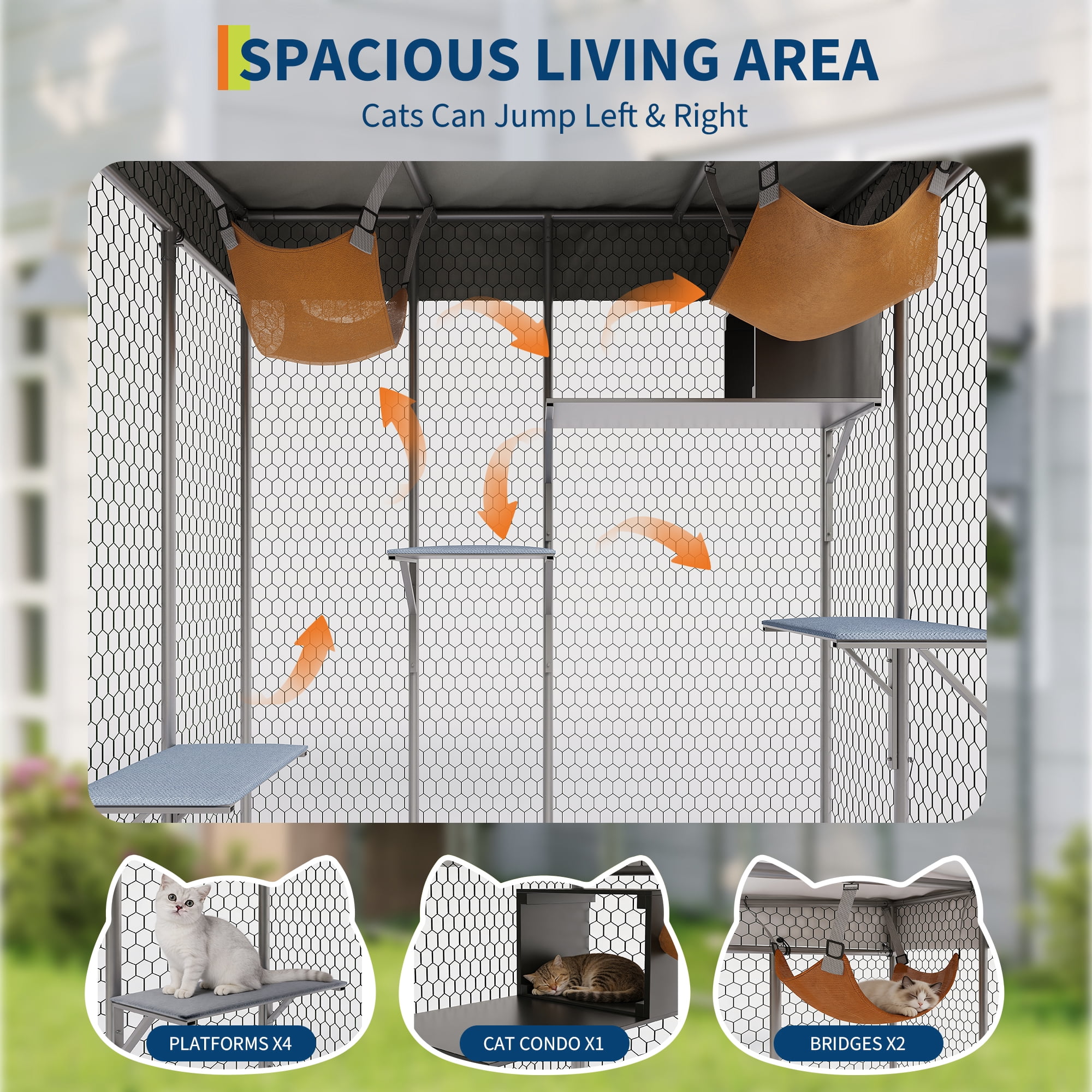 Large Catio Outdoor Cat Enclosure,Galvanized Steel Walk-in Cat House with Waterproof Cover, Resting Box & 2 Hammock, Feral Animal Shelter