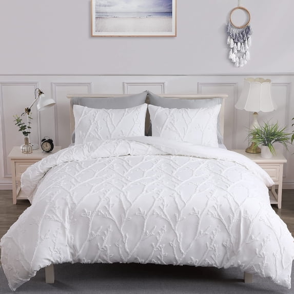 Twin Duvet Cover Set, 2 Pieces Branches Pattern Embroidery Shabby Chic Tufted Duvet Cover Set for All Seasons, White, Twin, 90 x 90 Inch