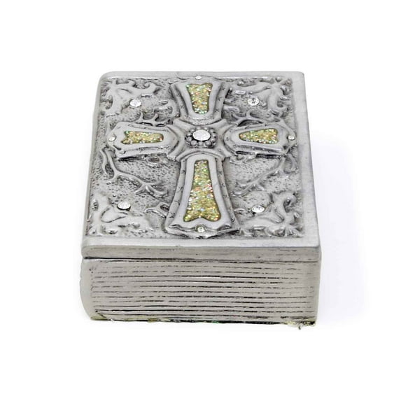 Supreme Housewares Bible Cross with Crystal Glass Pewter Hinged Jewelry Trinket Box with Magnetic Closure