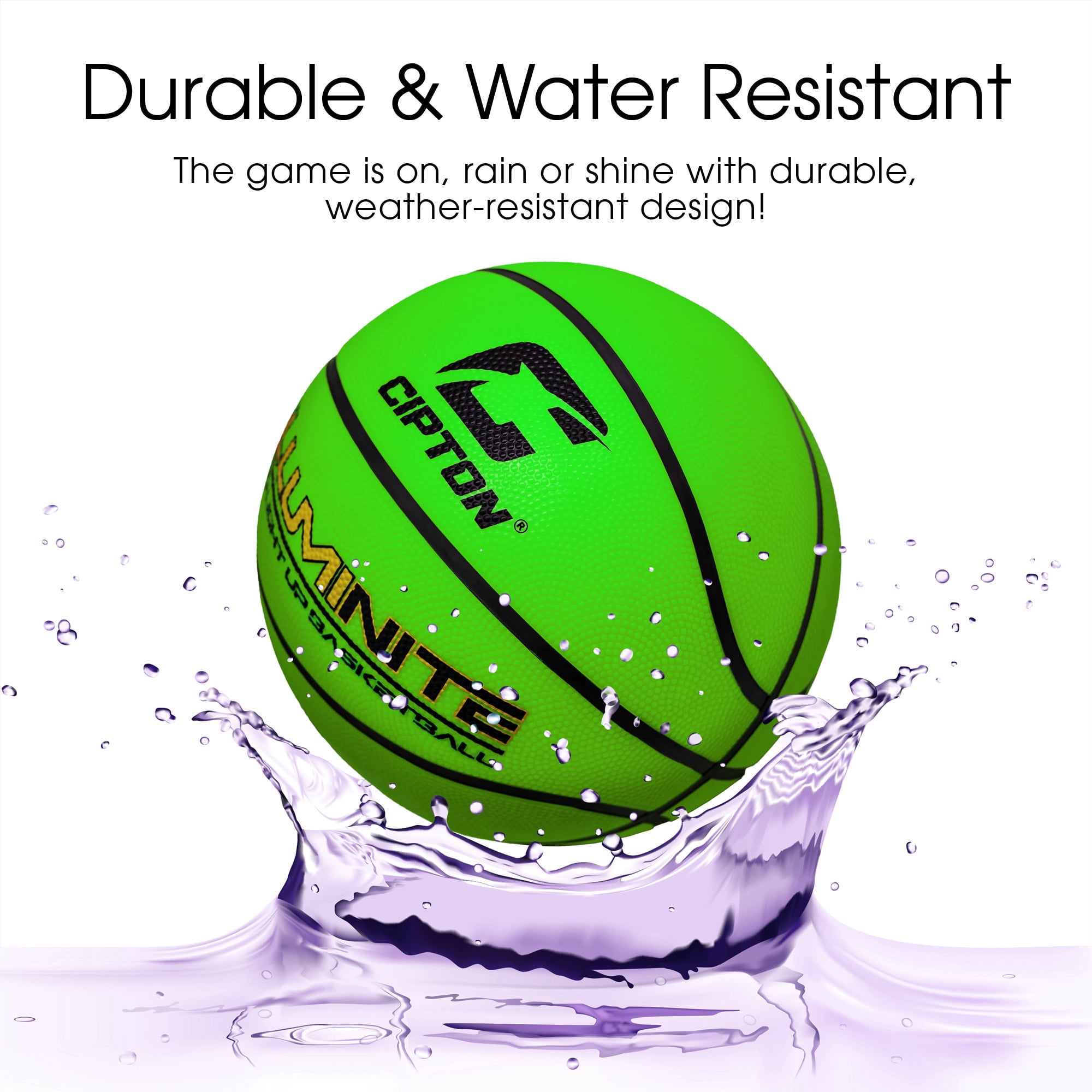 CIPTON Illuminite LED Light Up Basketball, Size 7 (29.5”) Indoor/Outdoor Premium Rubber Ball, Impact-Activated LEDs, Water Resistant, Neon Green