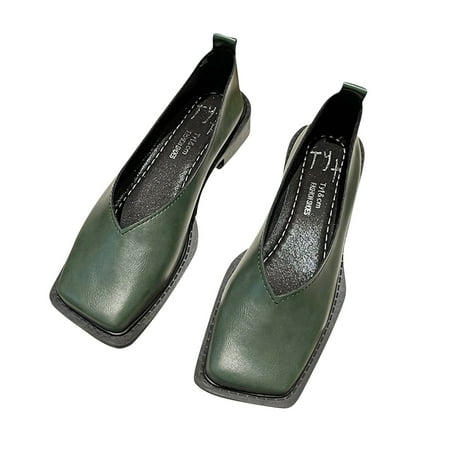 

CHOII Clearance Mary Small Leather Shoes Retro Square Toe Low Heel Loafers Comfortable Slip-on Sandals for Women Wedge Casual Shoes for Ladies Dark Green/5