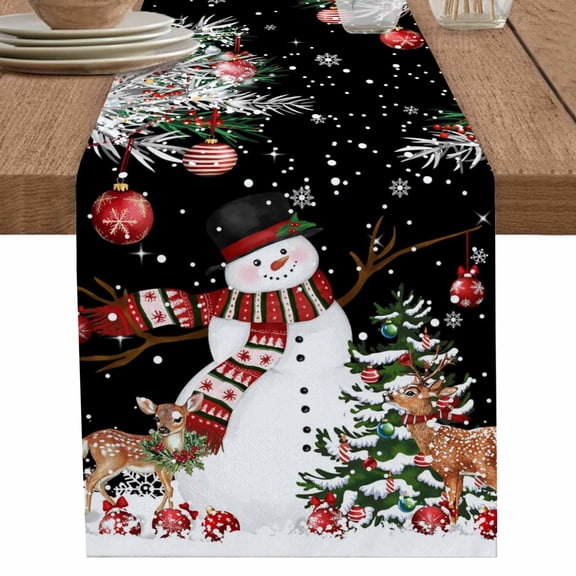 nqOlkjepod Black Christmas Table Runner 48 Inches Long Farmhouse Dress Scarves, Snowman Xmas Tree Ball Elk Snowflake Dining Tablerunner for Coffee Table/Kitchen Island/Party Décor, 13" x 48"