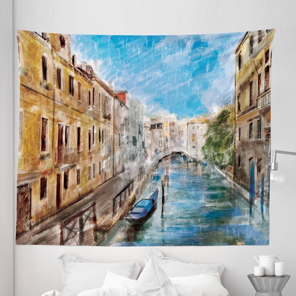 Watercolor Tapestry, Aquarelle Painting Style Scenery Print of Venice City Italian Romance, Fabric Wall Hanging Decor for Bedroom Living Room Dorm, 5 Sizes, Ginger Sea Blue Umber, by Ambesonne