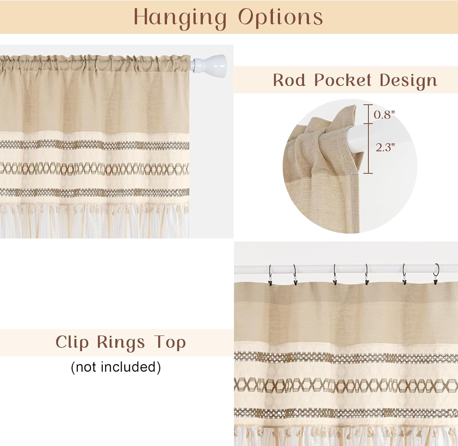 Alishomtll Boho Linen Light Filtering Curtains 84 Inches Long Farmhouse Rustic Striped Drapes Macrame Burlap ,Rod Pocket  ,Beige ,with Tassel