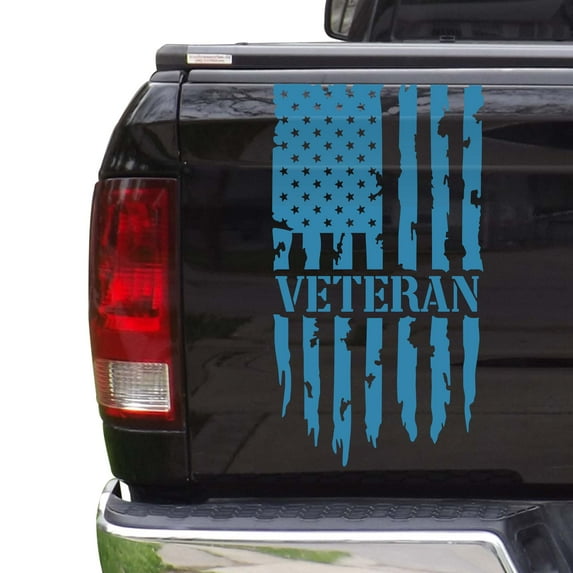 Veteran Vietnam Retired Distressed American USA US Flag Truck Tailgate Vinyl Decal Compatible with most Pickup Trucks – U.S. Army Sticker USAF USMC US Navy Decal (11" x 20", Ice Blue)
